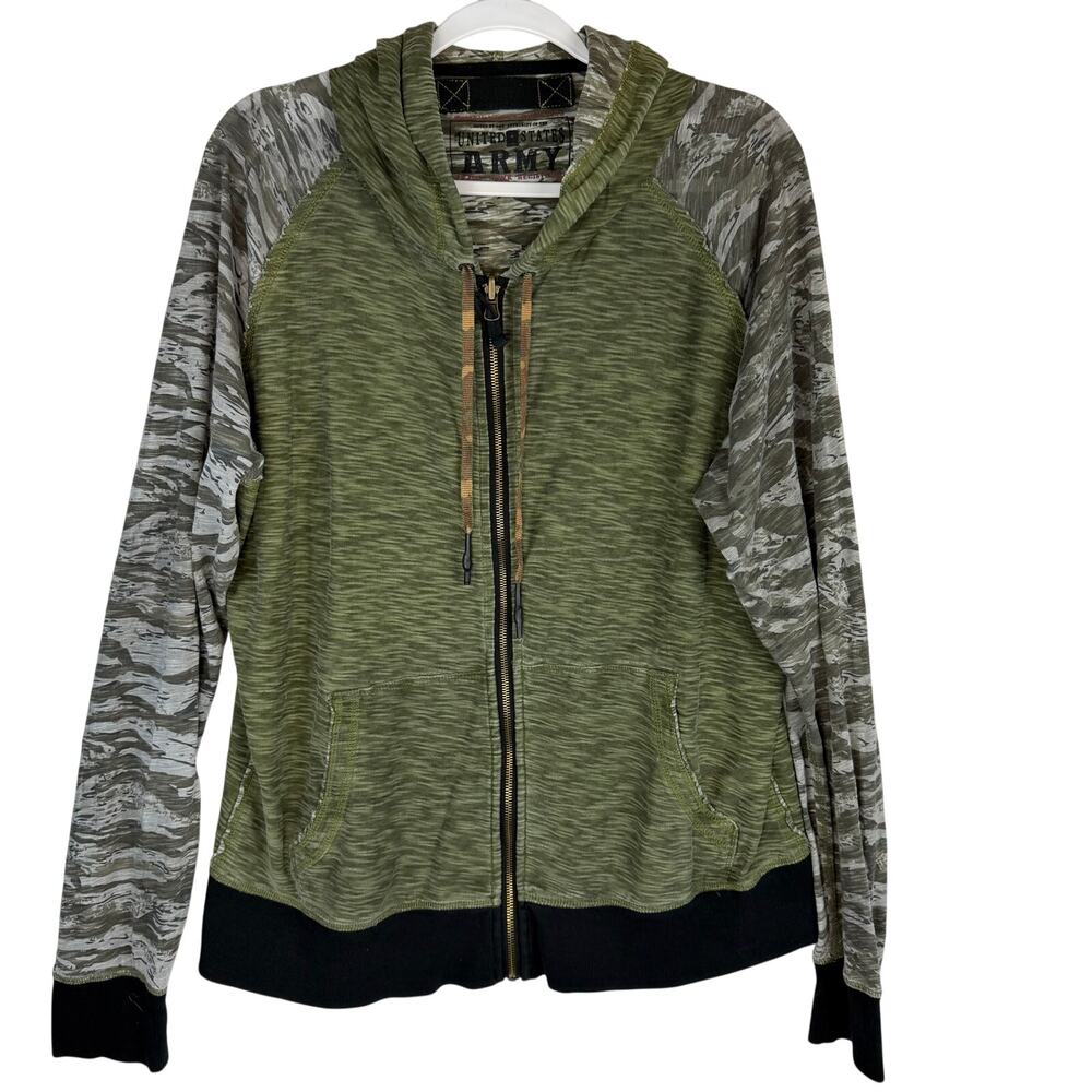 US Army Camo Raglan Full Zip Hoodie Jacket Mens Size XL Green Gray Sweatshirt